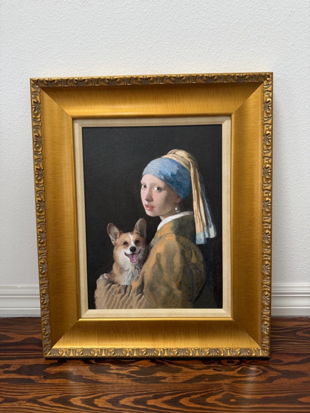 Framed 'Girl with a Pearl Earring' Style Oil Painting with Corgi - Gold Frame - Picture 3 of 16